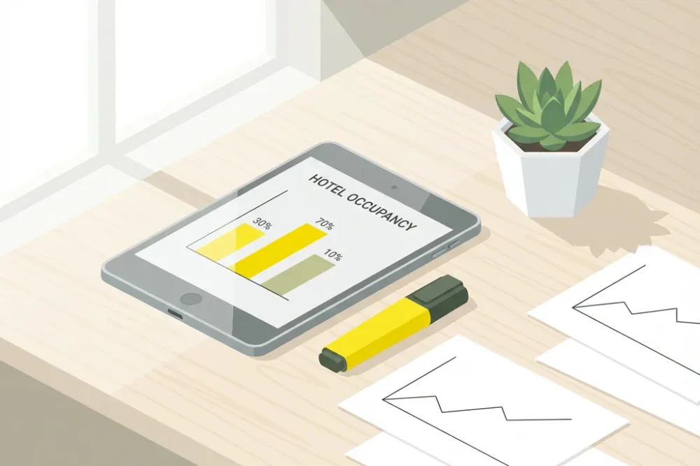 Tablet toont hotelbezettigingsgrafieken op modern bureau met documenten, plant en gele markeerstift in natuurlijk licht