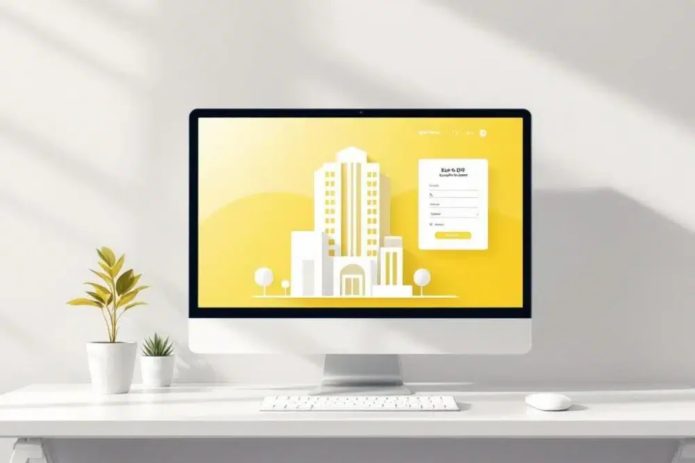 Minimalistisch hotelgebouw icoon op wit bureau naast computer met boekingsinterface, gele accenten en kleine plant