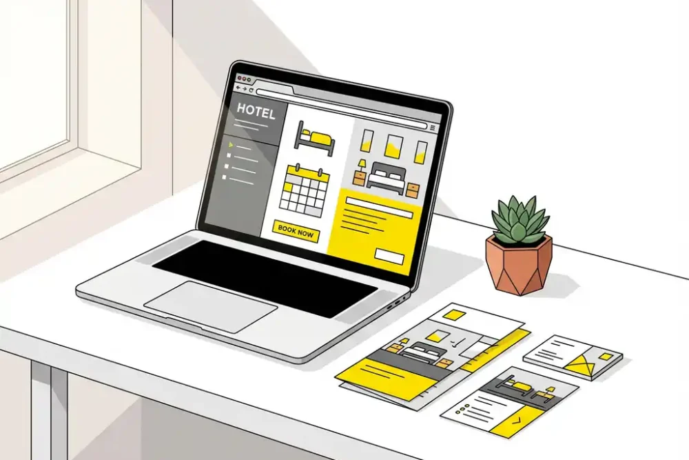 Laptop met hotelboeking interface op wit bureau naast hotelbrochures, visitekaartjes en succulent plantje