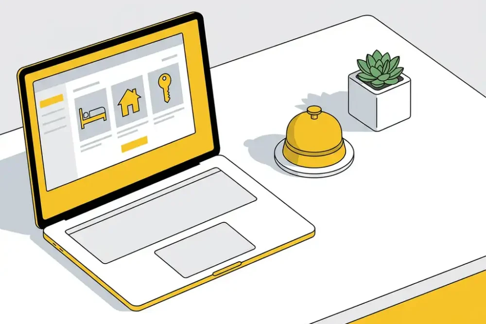 Witte laptop toont hotelboeking interface naast gele receptiebel en kleine plant op minimalistisch bureau