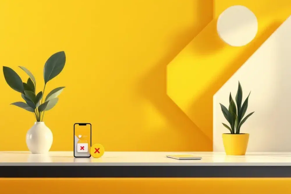 Gele hotelreceptie met kalender met rode X en smartphone met vinkje, symboliseert boekingspreventie