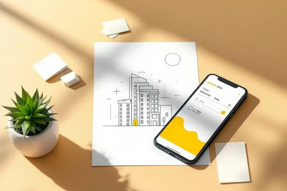 hotel-boeken-smartphone-minimalist-illustratie.jpg Minimalistisch hotelgebouw icoon en smartphone met boekings-app op houten bureau met gele accenten en plantje