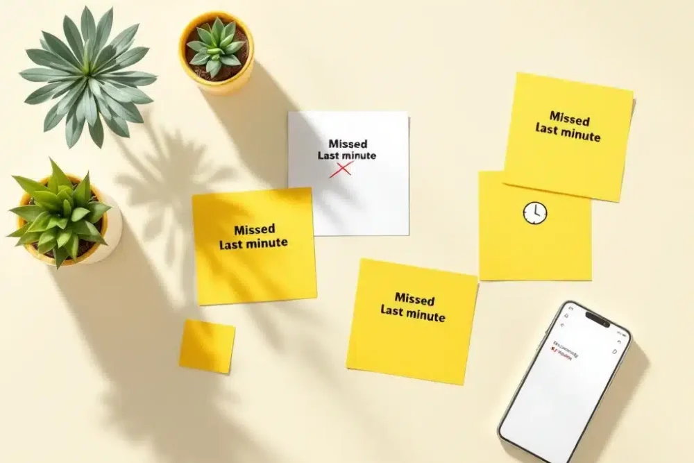 hotel-boekingen-gemiste-kansen-illustratie.jpg Bureau met doorgestreepte kalenderdocumenten, smartphone met boekingsmeldingen en gele waarschuwingskaarten voor gemiste kansen