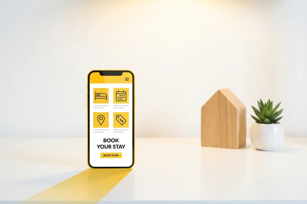 Smartphone met hotelboeking-app op wit bureau naast houten huismodel en vetplant met gele accentverlichting