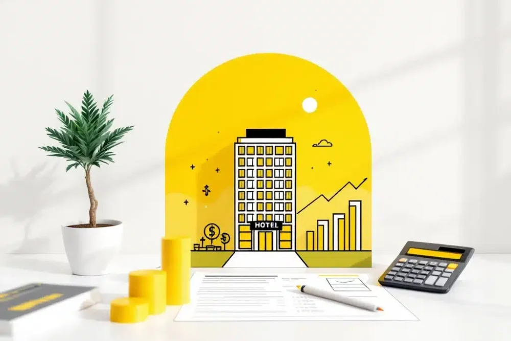 hotel-financien-winstgevendheid-berekening.jpg Hotel icoon op wit bureau met financiële documenten, calculator en gele grafieken voor horecabedrijfsanalyse