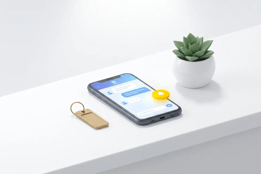 Smartphone met gloeiende chatinterface op witte hotelreceptiebalie naast messing kamersleutel en vetplant