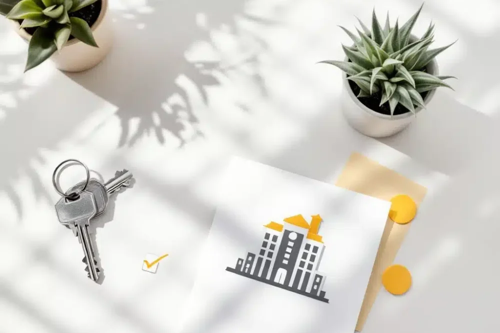 hotel-checklist-minimalist-desk-thumbnail.jpg Minimalistische bureauopstelling met hotel icoon op papier, sleutels met gele labels en checklist voor gastvrijheidssector