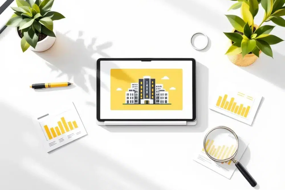 Tablet met hotel-icoon op minimalistisch bureau met vergrootglas en grafieken voor digitale advertentiemanagement
