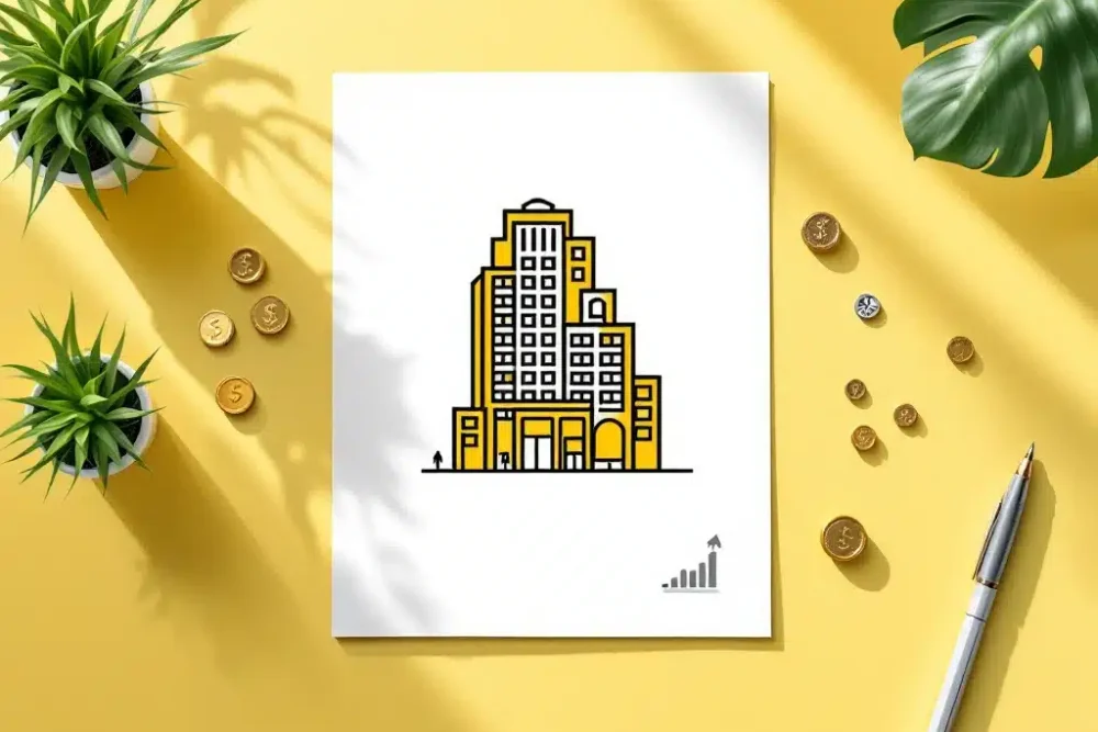hotel-economische-impact-illustratie-minimalistisch.jpg Minimalistisch hotelgebouw pictogram op bureau met economische symbolen zoals munten en groeigrafiek in geel kleurenschema