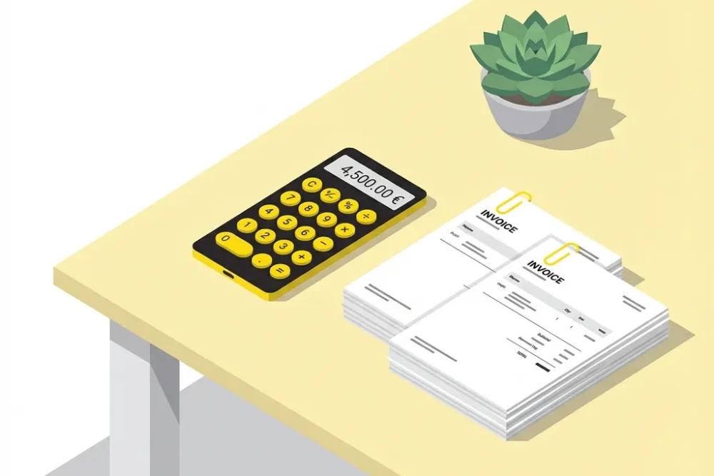Moderne calculator met financiële cijfers naast georganiseerde hotelrekeningen en bonnen op lichtgele bureauoppervlak
