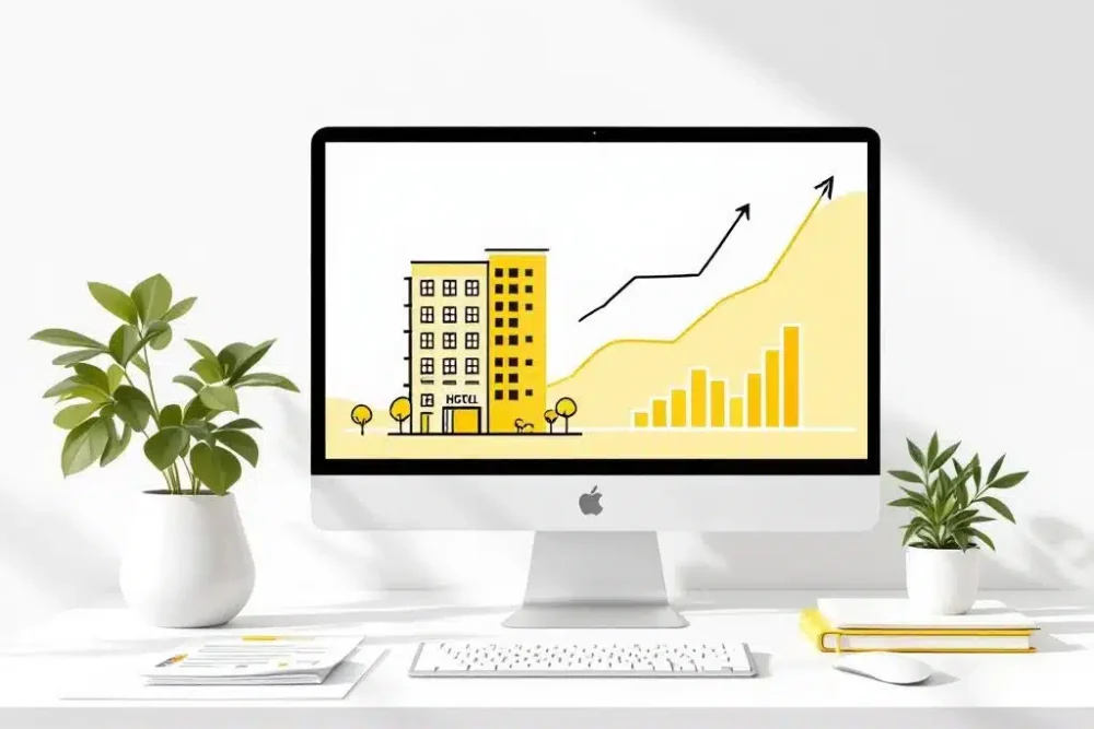 Minimalistische illustratie van hotelgroei met stijgende grafieken, computerscherm en gele accenten op schone werkplek
