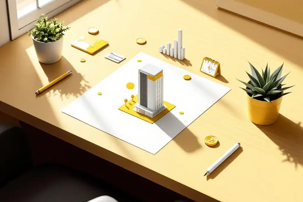 Hotel icoon op wit papier met gele inkomstenelementen zoals sleutelkaart, munten en grafiek op houten bureau