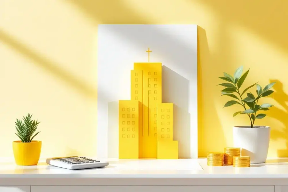 Geel hotelicoon op document naast rekenmachine en munten op wit bureau, illustratie van hotelfinancieringsplanning