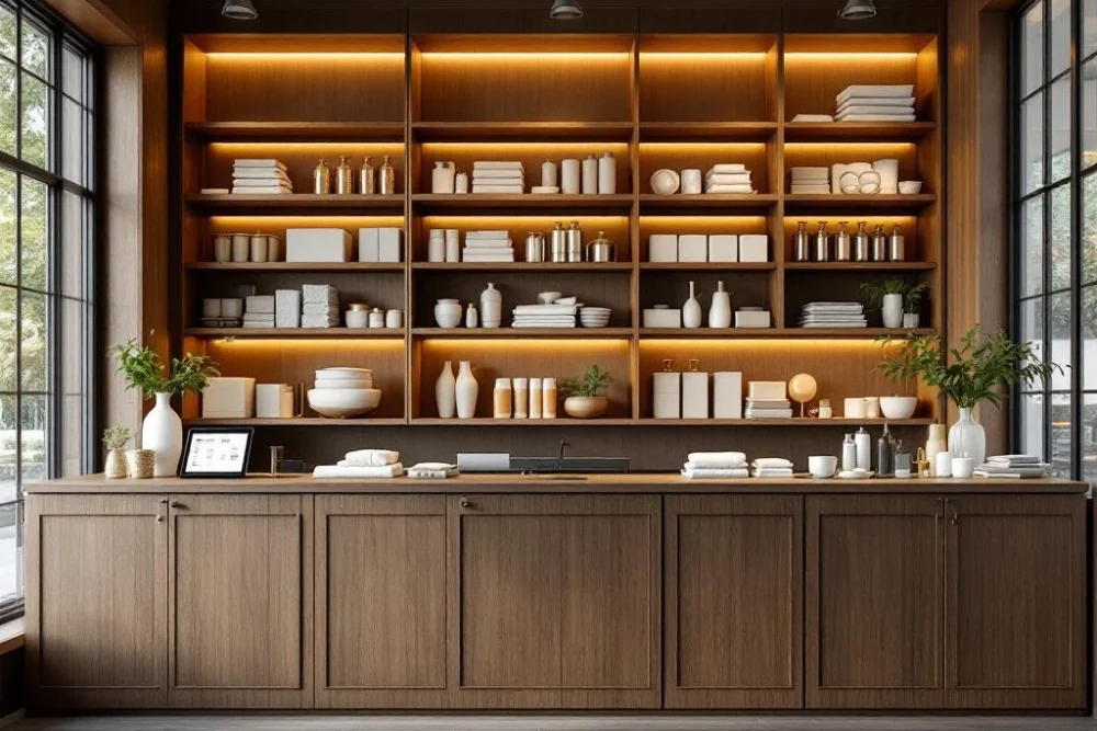 hotel-inventaris-beheer-receptie-nederland.jpg Moderne Nederlandse hotelreceptie met georganiseerde voorraadbeheersystemen en digitale tablets voor inventarisatie