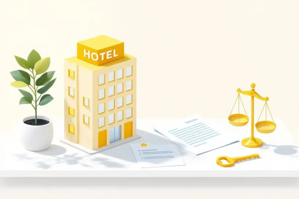 hotel-recht-juridische-documenten-gastvrijheid.jpg Modern hotel gebouw icoon met juridische documenten en weegschaal op wit bureau, gele accenten, plantje in hoek