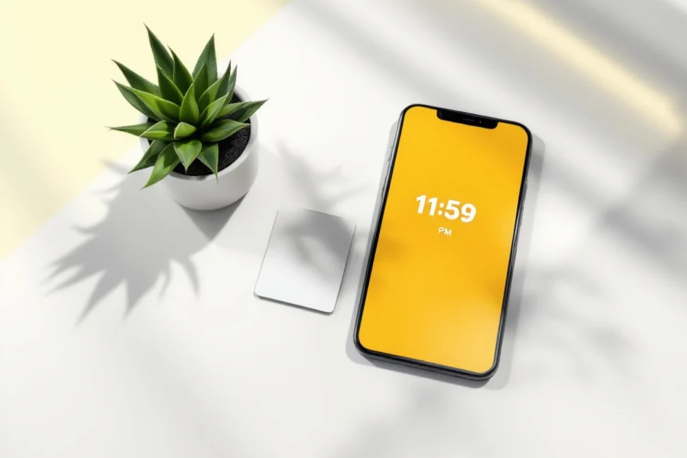 last-minute-hotel-booking-keycard-smartphone.jpg Hotelkamersleutelkaart en smartphone met 11:59 PM op wit bureau, gele accenten, minimalistisch design voor last-minute boekingen