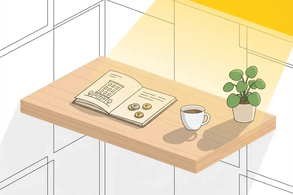 Minimalistische hotelkamer met houten bureau, notitieboek met hoteltekeningen, koffiemok en plant bij gouden licht