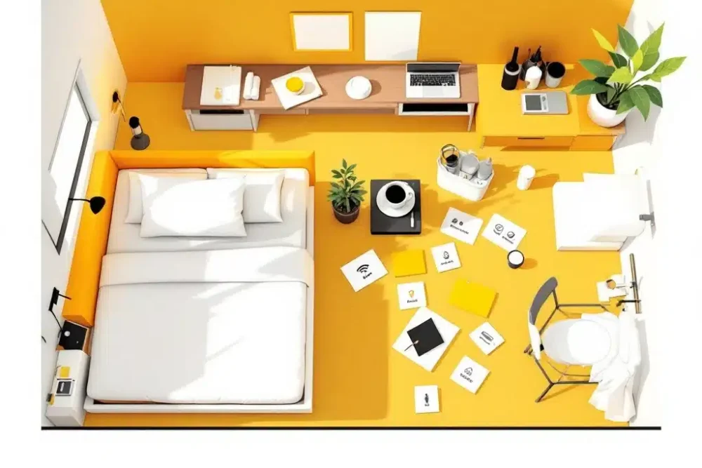 Moderne hotelkamer dwarsdoorsnede met bed, werkruimte, badkamer en keukenhoek, gele amenity kaarten met WiFi en AC iconen