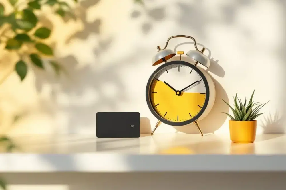 hotel-kamerkaart-klok-inchecktijd-minimalistisch.jpg Hotelkamersleutelkaart en analoge klok op wit bureau tonen 21:00 uur, met gele accenten en kleine plant