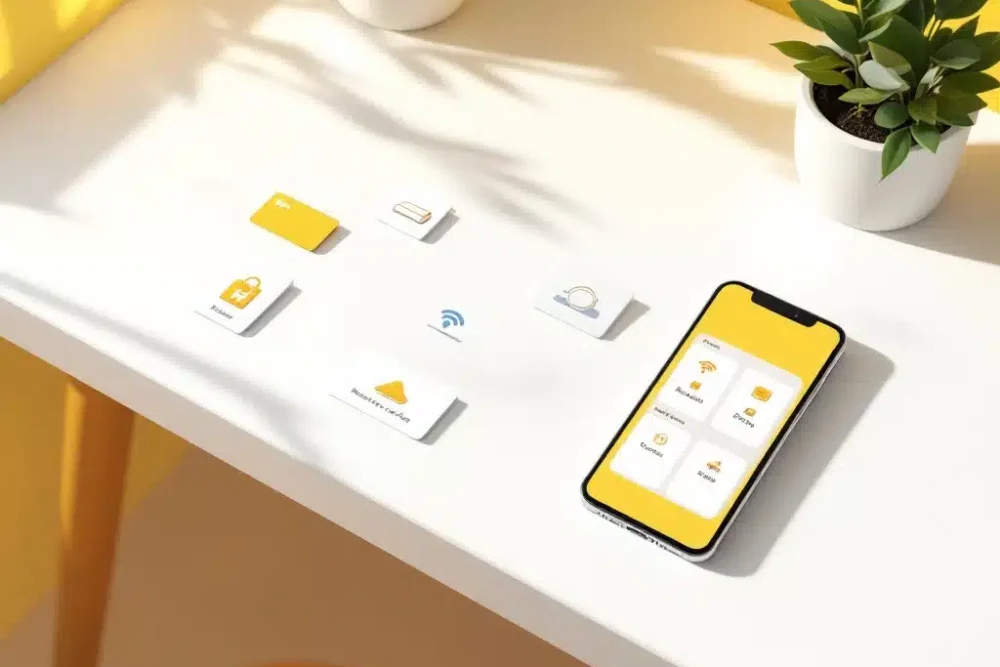 hotel-booking-smartphone-keycard-services.jpg Hotelkamersleutelkaart en smartphone met boekingsapp op wit bureau, omringd door service-iconen zoals wifi en ontbijt