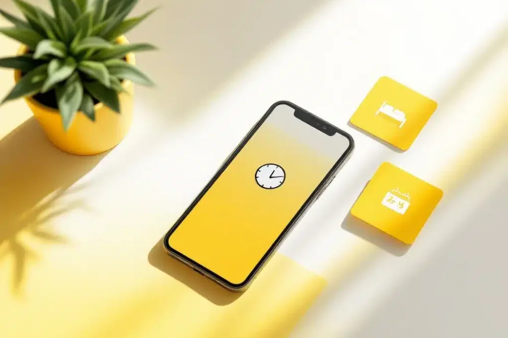 last-minute-hotel-booking-smartphone-keycard.jpg Hotelkeycard en smartphone met klokicoon op wit bureau, gele accenten, plantje en kaarten met bed- en kalendersymbolen