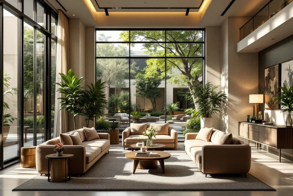 Zonnige hotel lobby met luxe meubels en grote ramen naar een groene tuin, benadrukt duurzaamheid en stijl van BetterStays.
