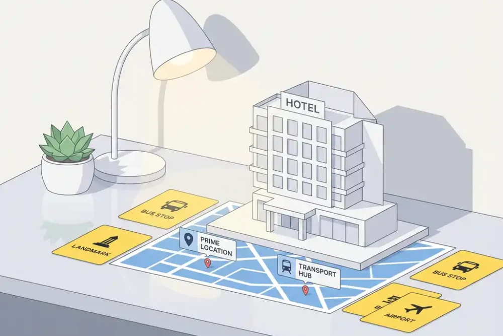 Wit papieren hotelmodel op bureau met stadskaart, gele locatiekaarten en succulent plant in moderne werkruimte