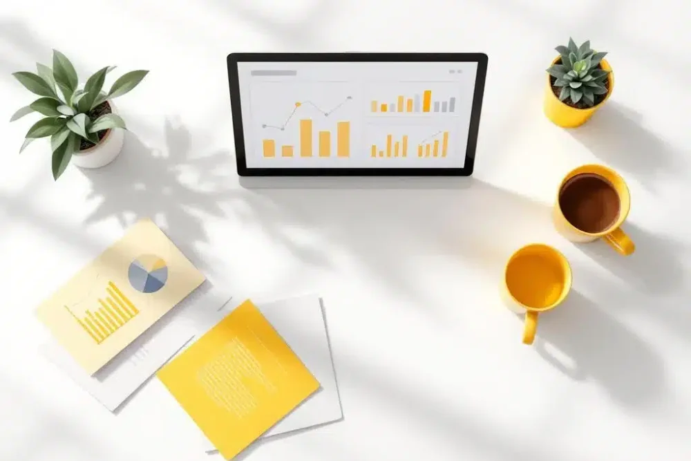 Tablet met dashboard analytics op minimalistische werkplek met gele rapporten, grafiek en koffiekopje voor hotelbeheer