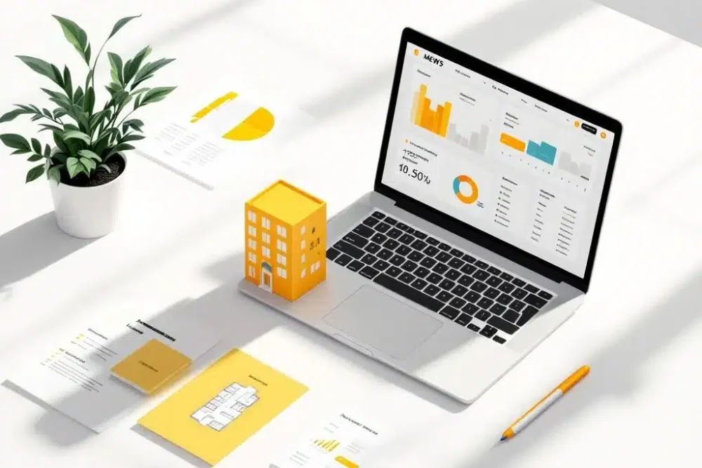 Laptop toont MEWS hotel management dashboard naast boetiekhotel icoon, boekingsgrafieken en kamerindelingen op wit bureau