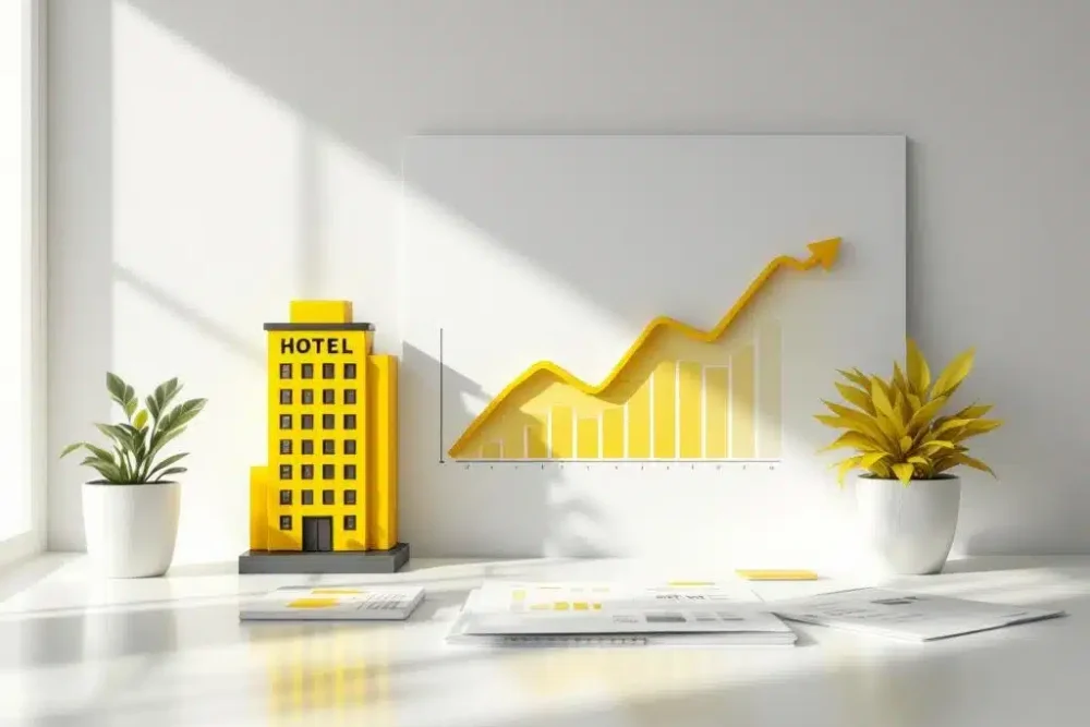 Minimalistisch hotelgebouw icoon met stijgende grafiek op bureau, gele dashboardelementen tonen bezettingsstatistieken