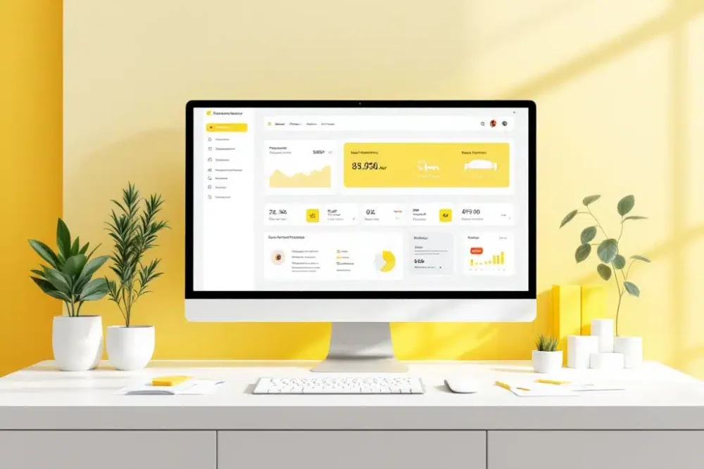 Moderne hotelreceptie met computer die hotelmanagementsysteem toont, plant en documenten op wit bureau