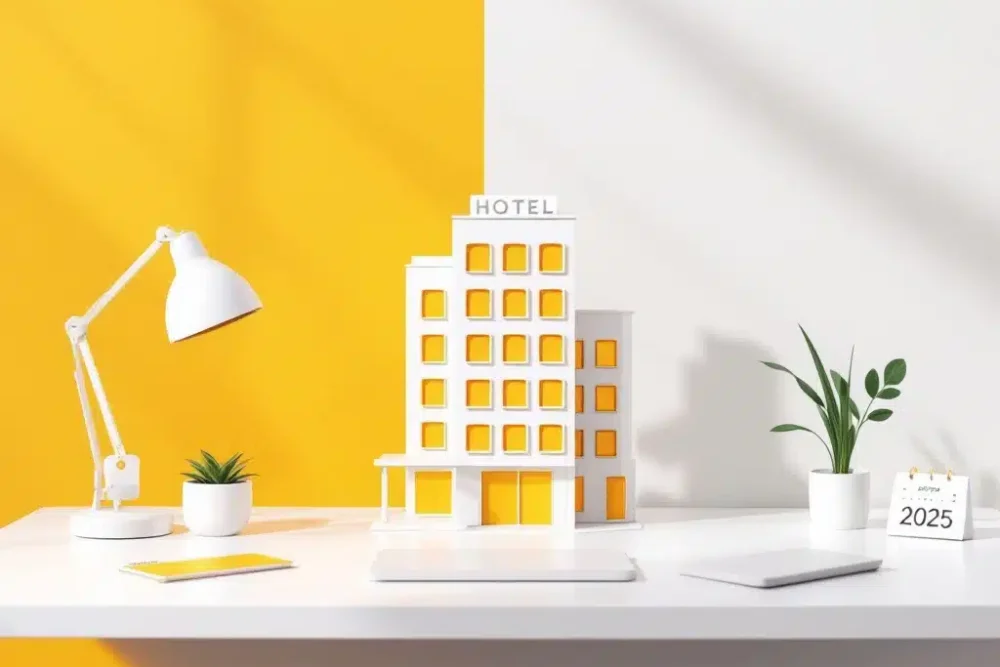 hotel-management-software-hospitality-industry-2025.jpg Modern hotelgebouw icoon op wit bureau met sleutelkaart, 2025 kalender en plant, gele accenten, minimalistische stijl