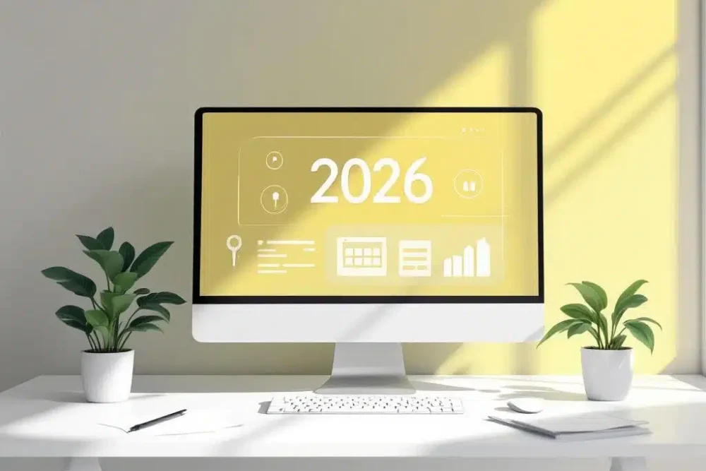 Computermonitor toont hotel management software interface met 2026, gele accenten, plant en documenten op wit bureau