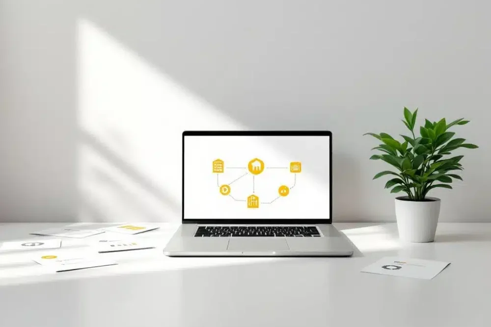 Laptop met gele hotelmanagementsoftware-iconen op bureau met papieren kaarten en plantje voor MEWS alternatieven