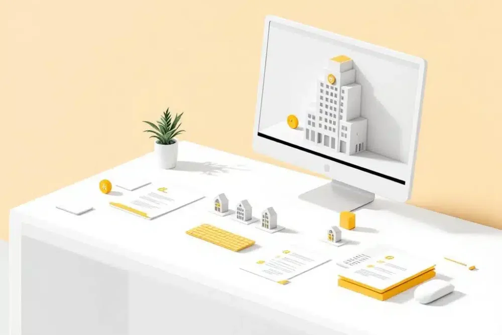 Minimalistische bureauopstelling met hotel-iconen op kaarten en computerscherm voor vastgoedbeheer, gele accenten