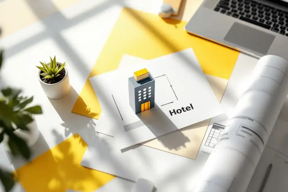 Hotel icoon op wit bureau met architecturale blauwdrukken, laptop en plant in geel kleurenschema voor hospitality startup