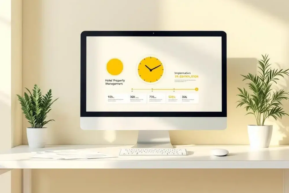 Hotelmanagementsysteem interface op laptop met gele klok en tijdlijn, omgeven door documenten en plant op wit bureau