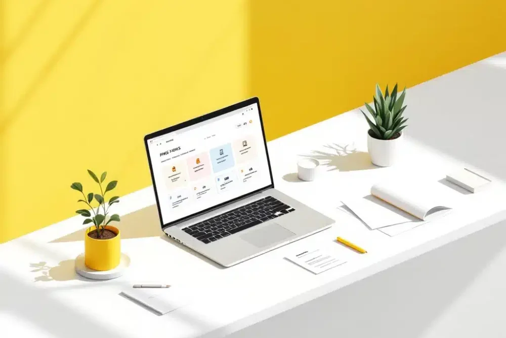 hotel-pms-systemen-receptie-beheer.jpg Hotelreceptie met laptop die hotelmanagementsystemen toont, documenten en plant op gele minimalistische balie
