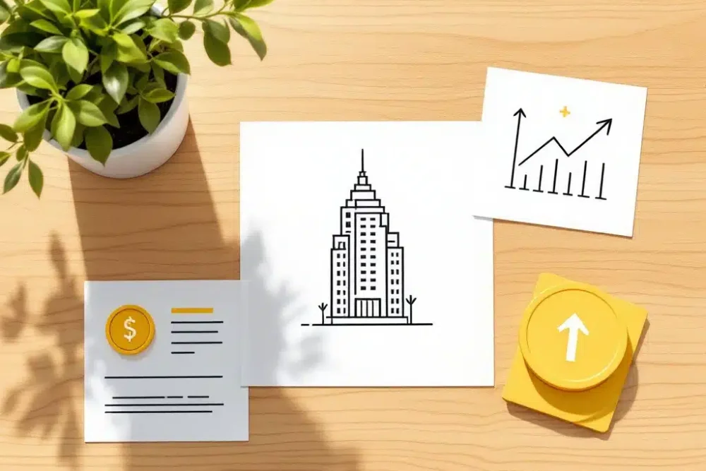 Minimalistische illustratie van hotel icoon op wit papier met gouden munten en stijgende pijlen op houten bureau