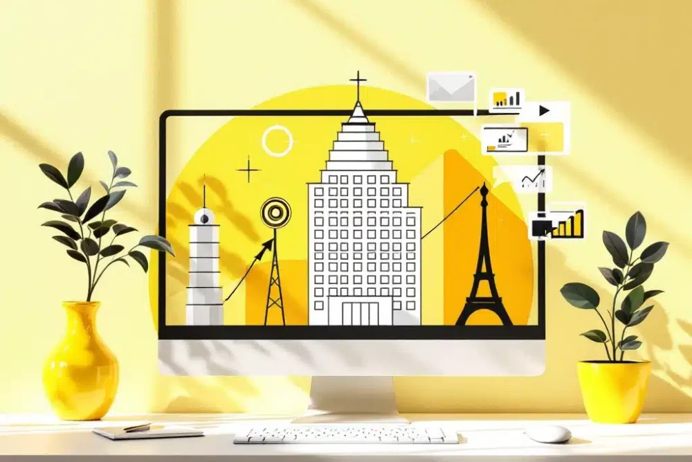 hotel-marketing-illustratie-reclame-beheer.jpg Minimalistisch hotelgebouw icoon op wit bureau met marketing symbolen, gele accenten en kleine plant op lichtgele achtergrond