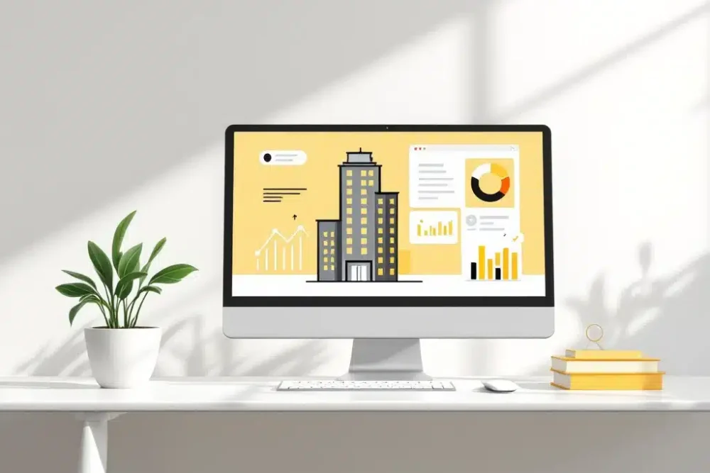 hotel-marketing-advertentie-beheer-illustratie.jpg Hotelgebouw pictogram op bureau met computer die advertentiegegevens toont, vergrootglas en plant in geel accent