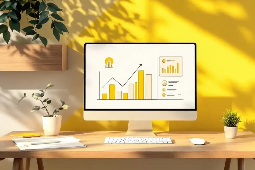 hotel-marketing-dashboard-grafieken-adverteren.jpg Hotel icoon met stijgende grafieken en advertentie dashboard op houten bureau, gele accenten, minimalistische SaaS stijl