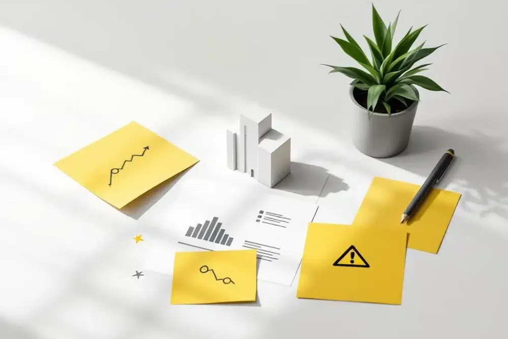 hotel-marketing-fouten-vermijden-illustratie.jpg Hotel pictogram op bureau met dalende grafieken en waarschuwingssymbolen op gele documenten, potplant in hoek