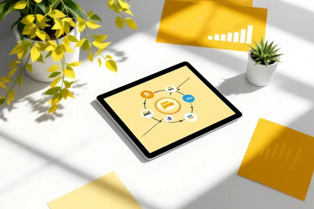 Tablet met marketingiconen op bureau met gele documenten en grafieken voor accommodatie-marketingstrategie