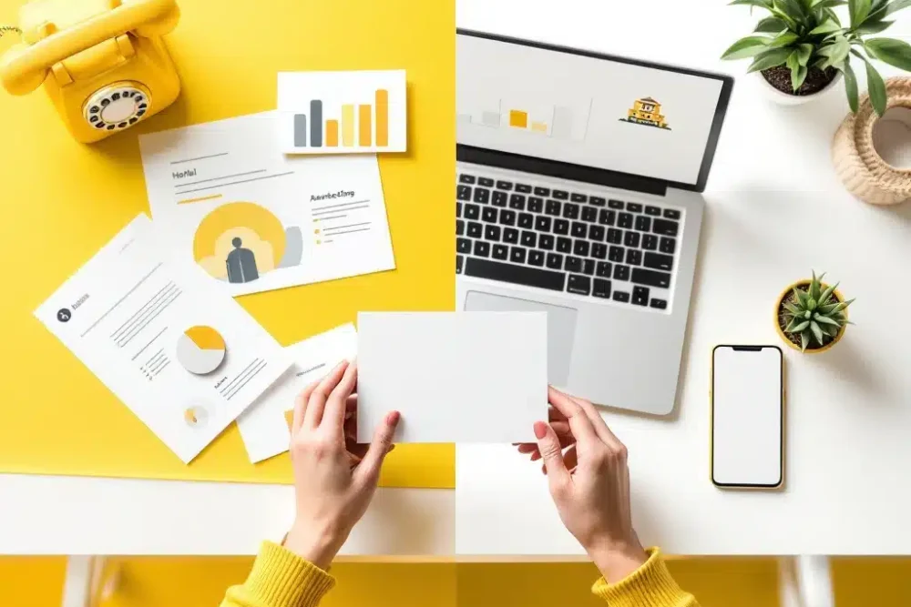 hotel-marketing-traditioneel-vs-digitaal-reclame.jpg Split-screen bureau met traditionele marketingmaterialen links en digitale advertentietools rechts, verbonden door hotelicoon