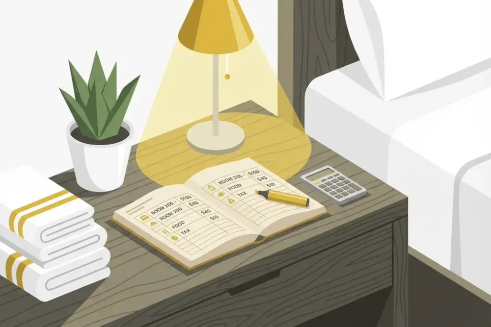 Hotelnachtkastje met open boekhouding, calculator, pen en gele bureaulamp in minimalistische stijl