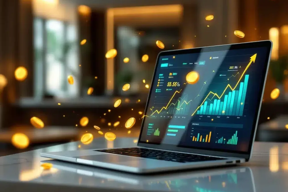 Laptop met omzetgrafieken en analytics op hotelbalie, gouden munten en pijlen symboliseren groeiende inkomsten