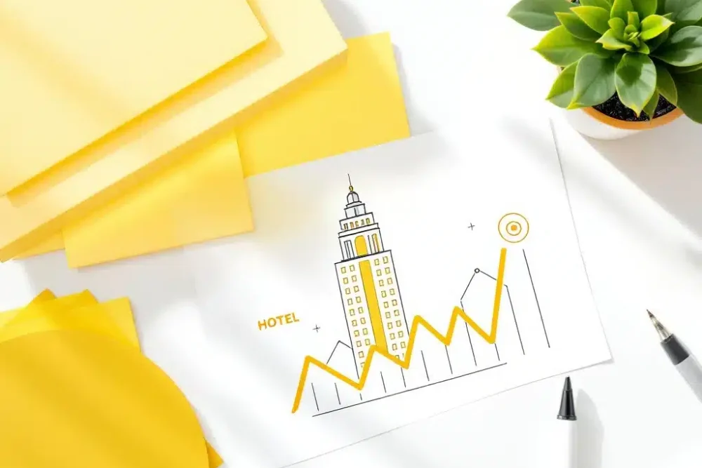 hotel-inkomsten-groei-advertentie-management.jpg Hotel icoon met stijgende omzetgrafieken en advertentiesymbolen op moderne bureauopstelling met gele accenten