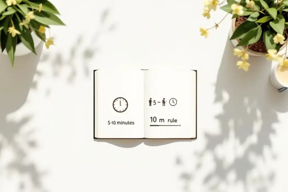 hotel-5-10-regel-receptie-service-illustratie.jpg Open notitieboek op hotelreceptiebalie toont 5-10 regel iconen: klok, voetstappen, afstandsmeter in gele tinten