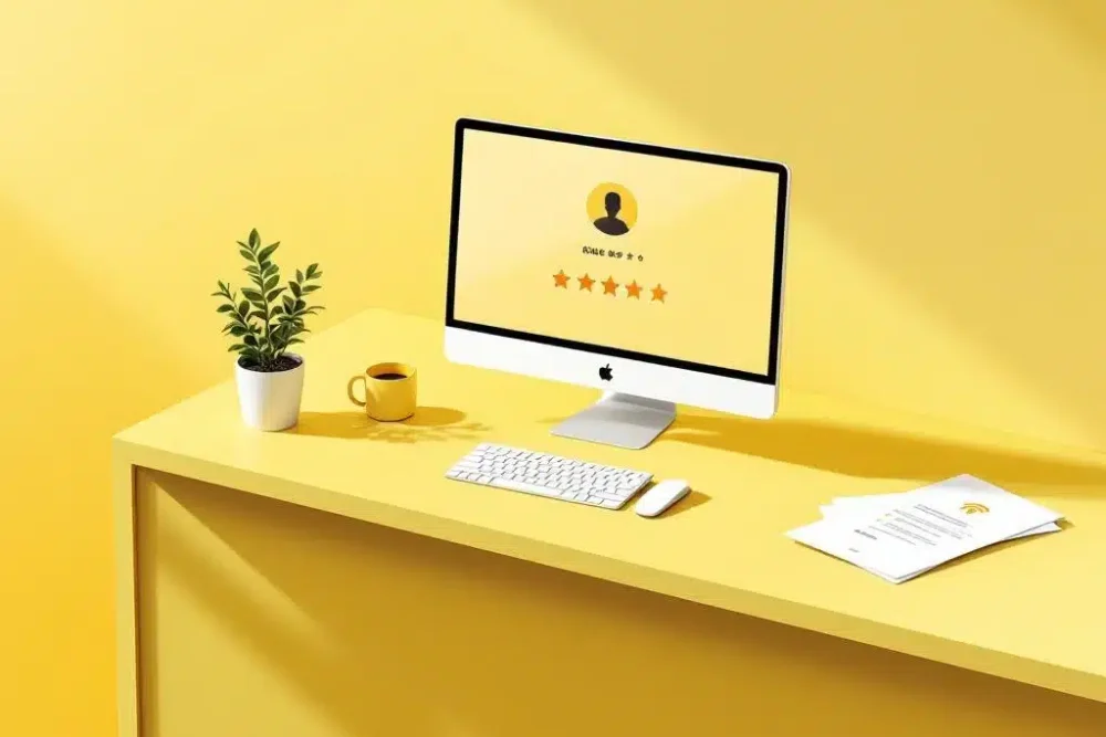 Gele hotelreceptiebalie met computerscherm met gastprofiel, sterrenbeoordelingen en hospitality-documenten